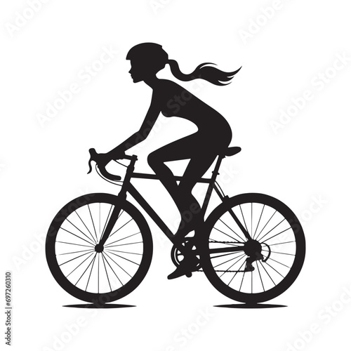Nature's Embrace: Woman Cycling Silhouette on Meadow Path, Outdoor Fitness and Wellness - Graceful Black and White Girl Riding Bicycle Silhouette 