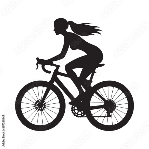 Sunset Sojourn: Woman Cycling Silhouette Along Coastal Boardwalk, Recreational Fitness and Leisure - Exquisite Black and White Silhouette
