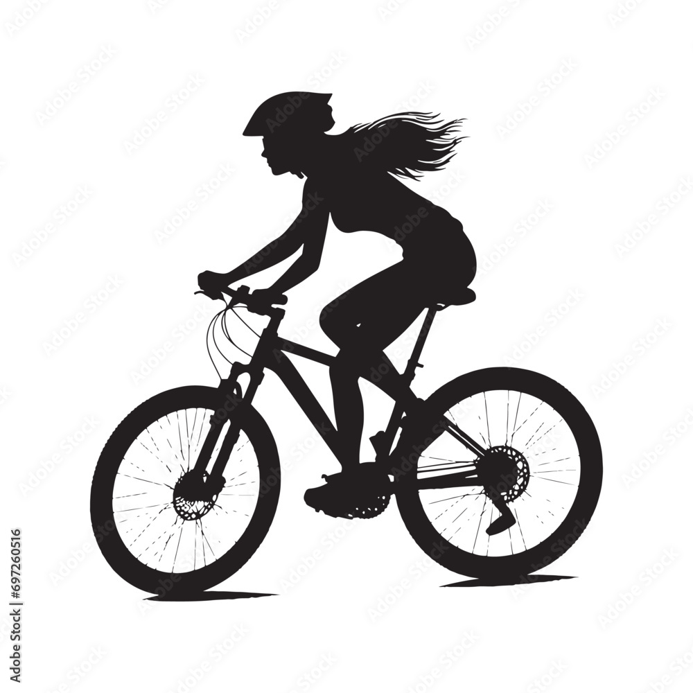 Obraz premium Woman Cycling Silhouette: Delightful Ride Amidst Cherry Blossoms, Nature Connection and Outdoor Fitness - Graceful Black and White Silhouette of Girl on Bicycle 