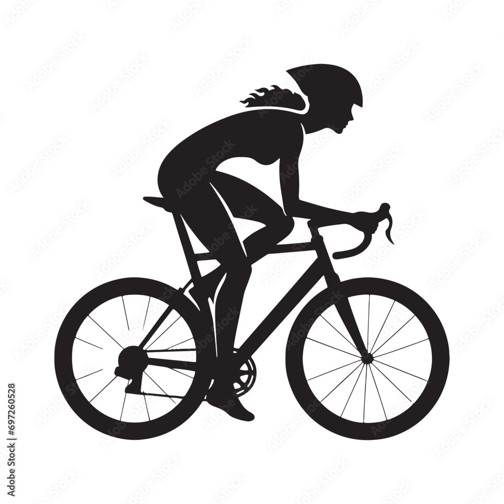 Naklejka premium Leisurely Stroll: Woman Cycling Silhouette on Calm Riverside Path, Nature Connection and Fitness Pursuits - Poignant Black and White Girl on Bicycle Silhouette 