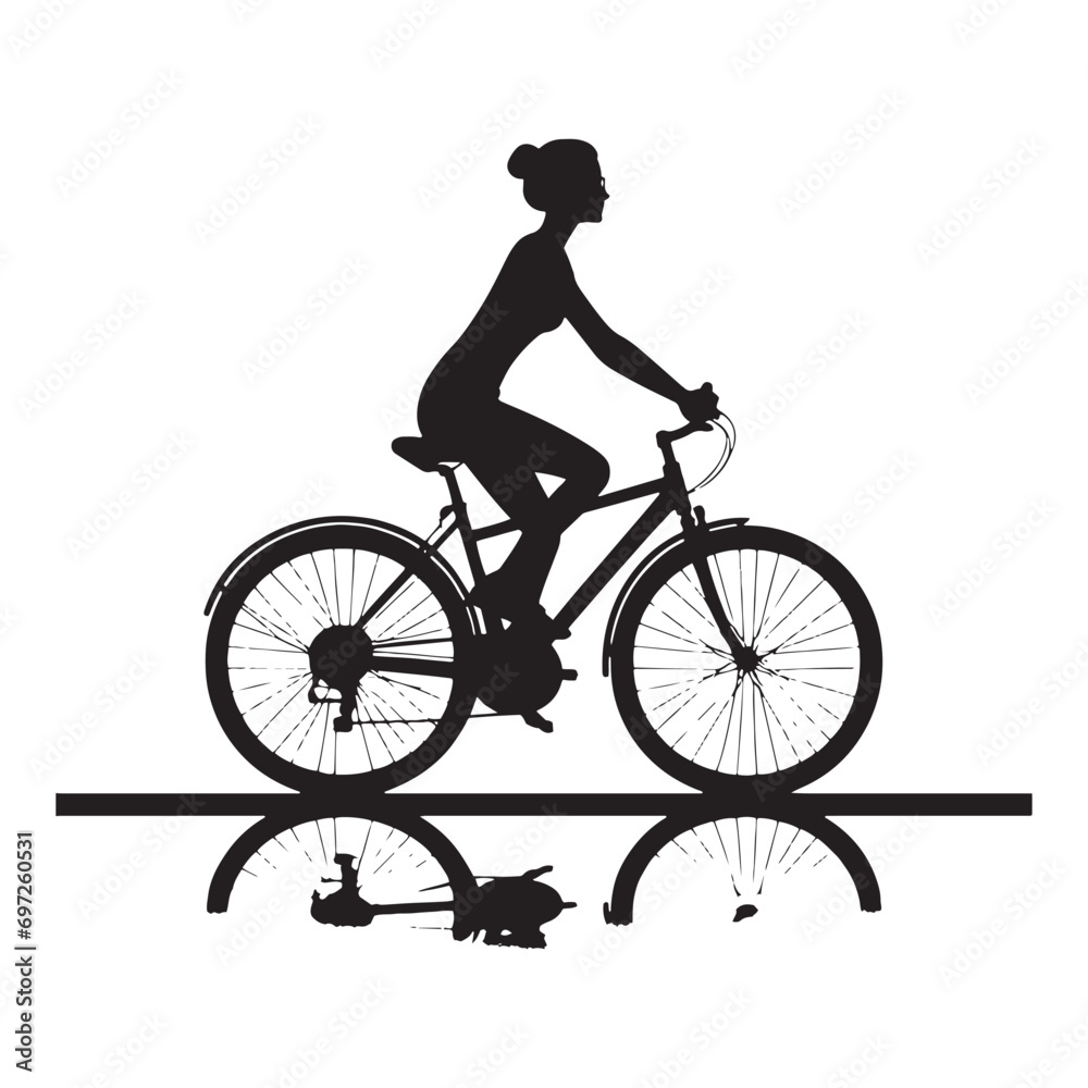 Obraz premium City Pedal: Woman Cycling Silhouette in Bustling Urban Environment, Commuting and Healthy Living - Chic Black and White Girl Riding Bicycle Silhouette 