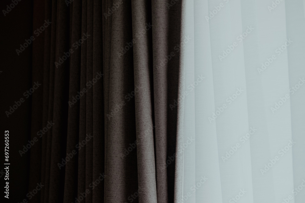 Room window with white and grey curtains. Curtain house design concept