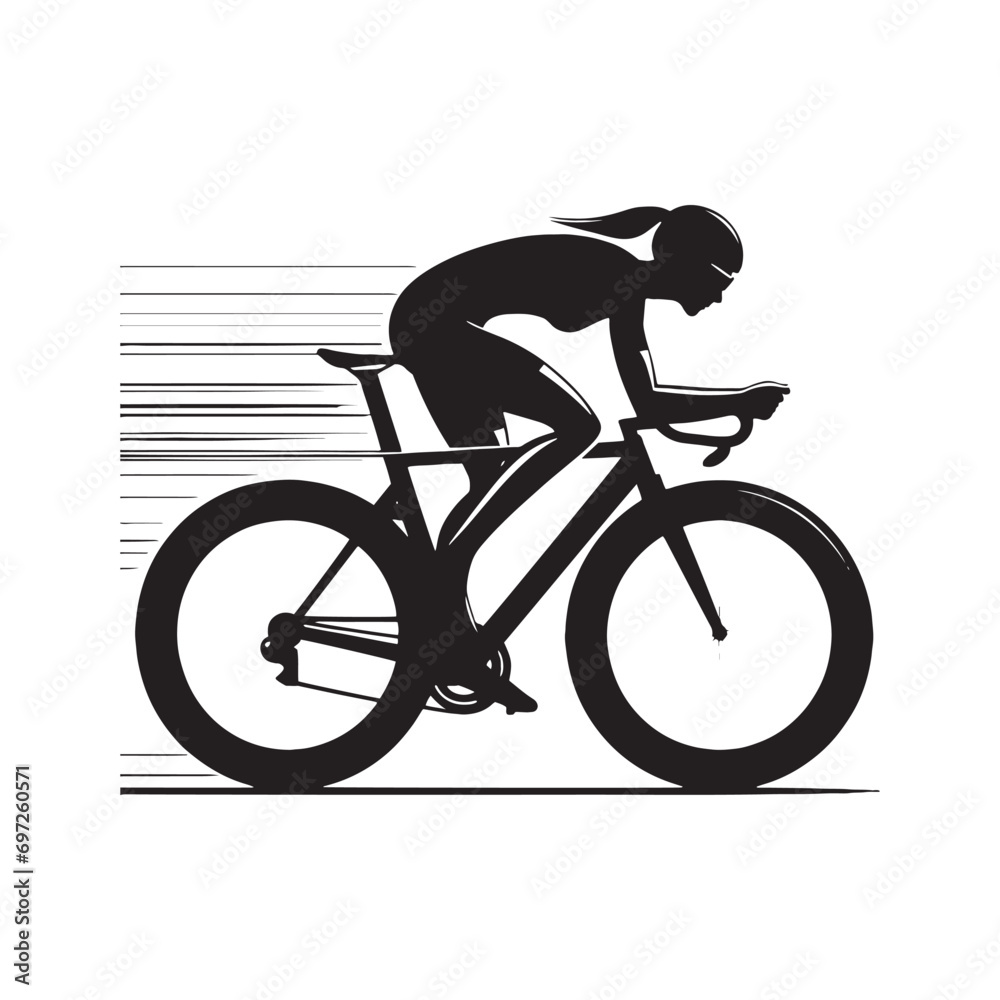 Obraz premium Woman Cycling Silhouette: Riding Bike Through Meadow at Dawn, Healthy Lifestyle and Fitness Pursuits - Elegant Black and White Silhouette of Girl on Bicycle 