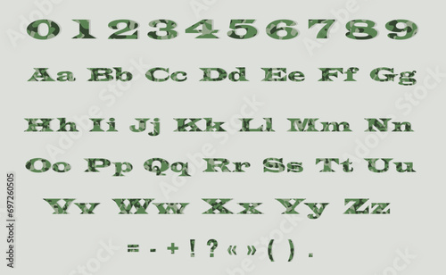 Retro abstract pattern with black the camouflage alphabet on green background for print design.