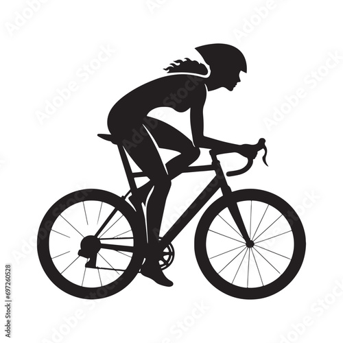 Leisurely Stroll: Woman Cycling Silhouette on Calm Riverside Path, Nature Connection and Fitness Pursuits - Poignant Black and White Girl on Bicycle Silhouette
 photo