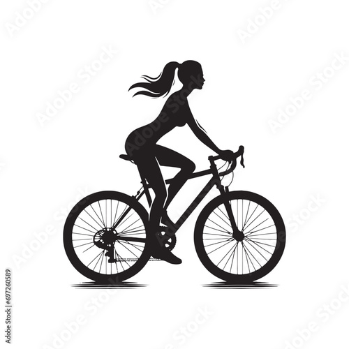 Fototapeta Naklejka Na Ścianę i Meble -  Woman Cycling Silhouette: Effortless Ride Through Rainy Evening, Healthy Lifestyle and Fitness Motivation - Detailed Black and White Girl Riding Bicycle Silhouette
