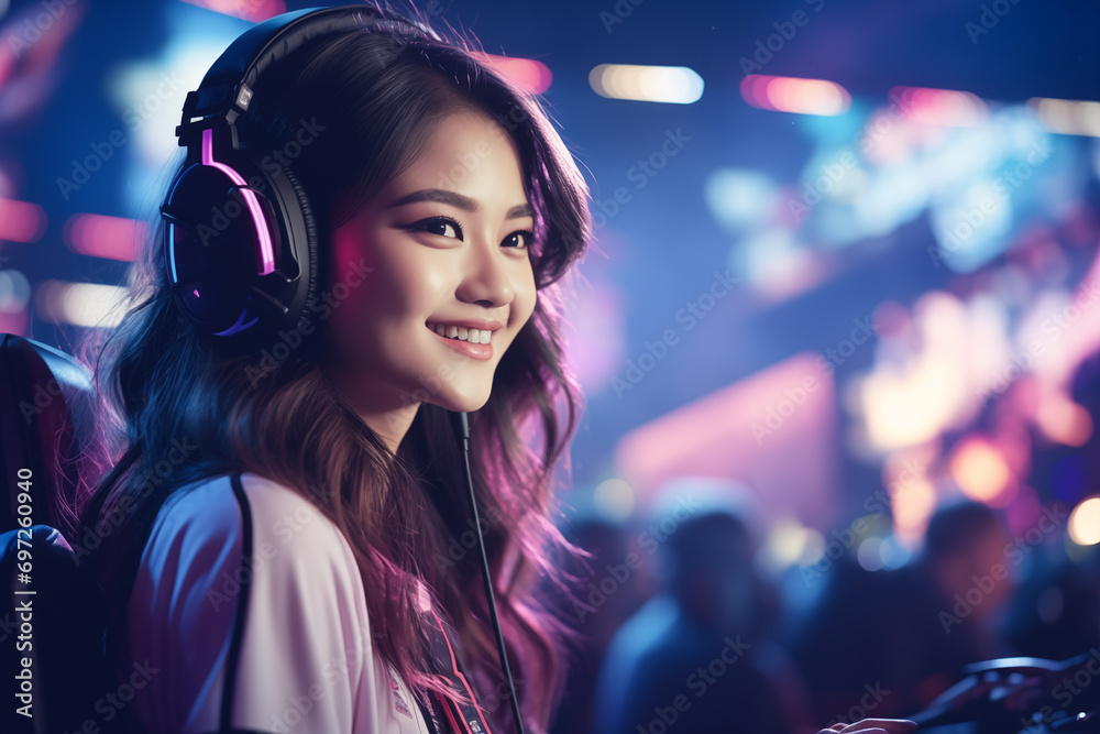 Portrait of E-Sport gamer, streamer young woman playing a game. Cyber sport, esport concept