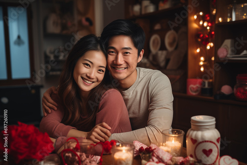 Happy young Asian couple having romantic dinner celebrating Valentines Day at home