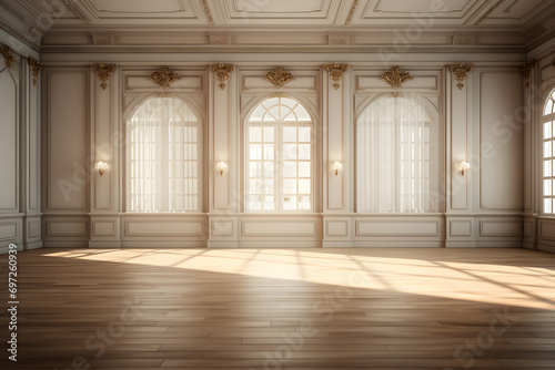 Luxury style interior empty room with natural light, wooden floor and window. Copy space