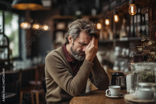 Stressed old man feeling tired and headache sitting alone in coffee shop. Problems, unhappy concept