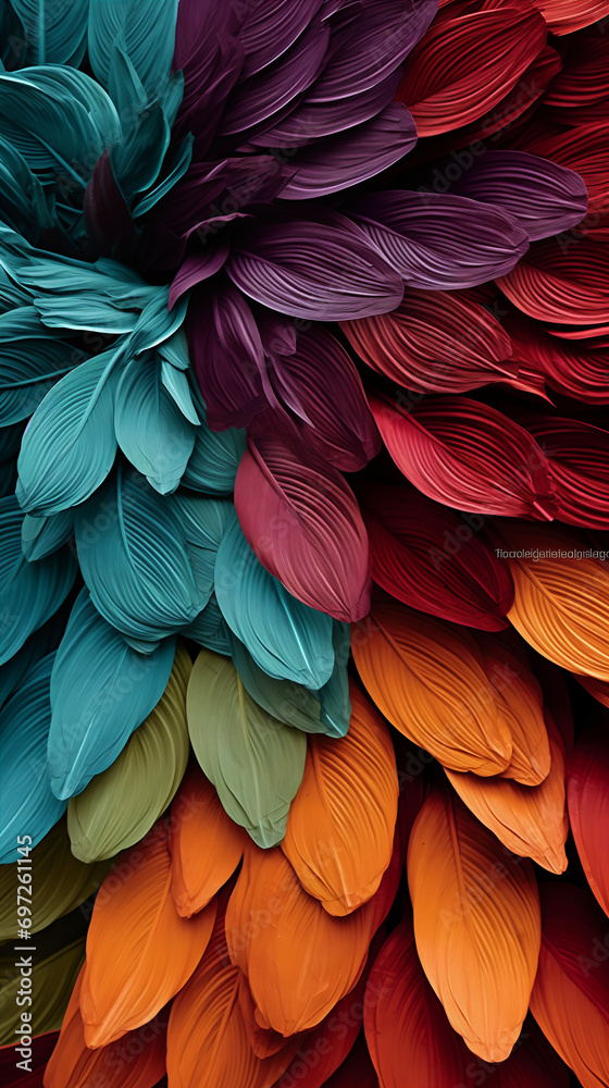 background, leaves in various shades, creating a visually striking and textured appearance. The layers radiate outward from the center against a dark background, enhancing the vividness of the colors. background, leaves in various shades, creating a visually striking and textured appearance. The layers radiate outward from the center against a dark background, enhancing the vividness of the colors.