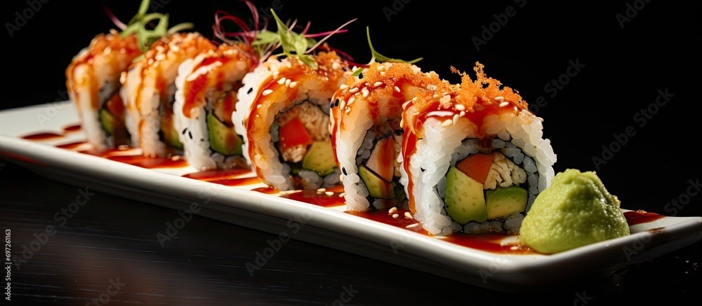 Deep-fried roll with Sumo's Signature Rock N' Roll Shrimps, tobiko, crab, mozzarella, asparagus, and avocado. Deep-fried roll with Sumo's Signature Rock N' Roll Shrimps, tobiko, crab, mozzarella, asparagus, and avocado.