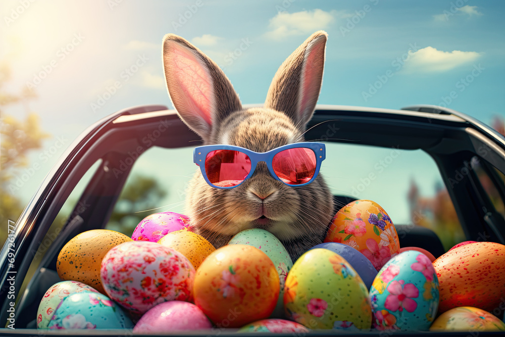 easter bunny and easter eggs background, ,artwork graphic design. - obrazy, fototapety, plakaty 