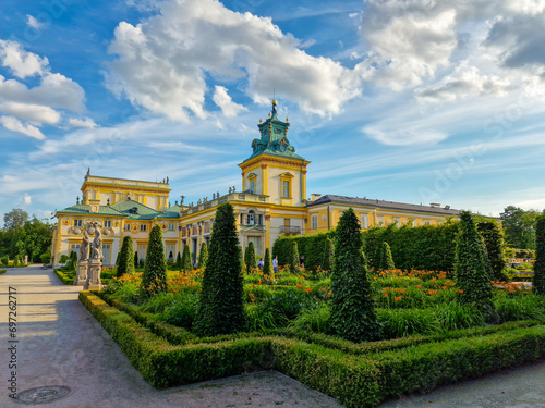 WARSAW, WILANOW, POLAND  July 11, 2023 : gardens, flower, beds flowers around Wilanow Palace in Warsaw, Poland