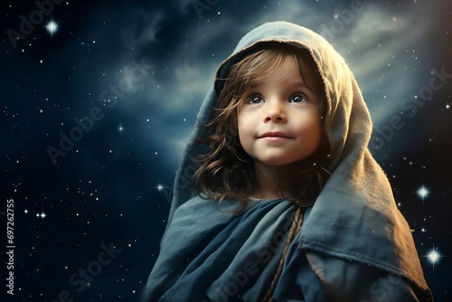 young Jesus Christ portrait against the background of the starry sky, the concept of the Nativity of 