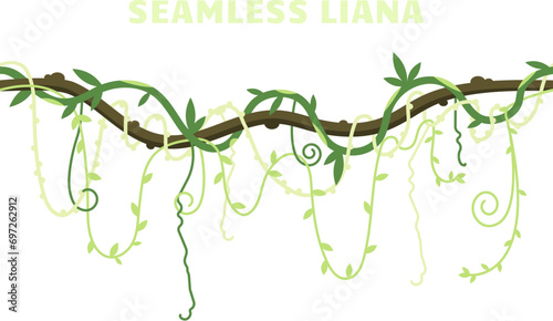 Seamless isolated liana plant with green leaves. Jungle forest nature single element. Tropical climbing plant vines. Vector.