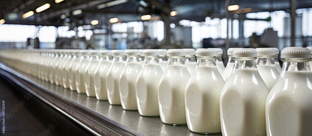 Fototapeta premium Milk being packaged into plastic bottles at the dairy factory.
