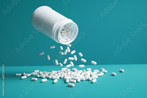 white medicine spilling out of pill bottle on blue background isolated