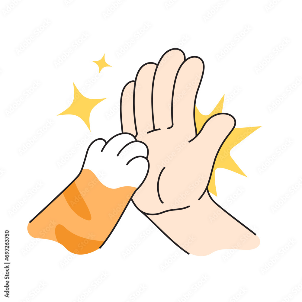 Cat paw and a man's hand giving high five, cartoon, comic style illustration. - obrazy, fototapety, plakaty 