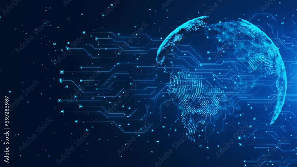 Virtual planet Earth particles lines. Cloud Network connection big data. technology background. 3D 4K innovation future meta tech, internet network, Ai big data. IOT science Global business. Worldwide