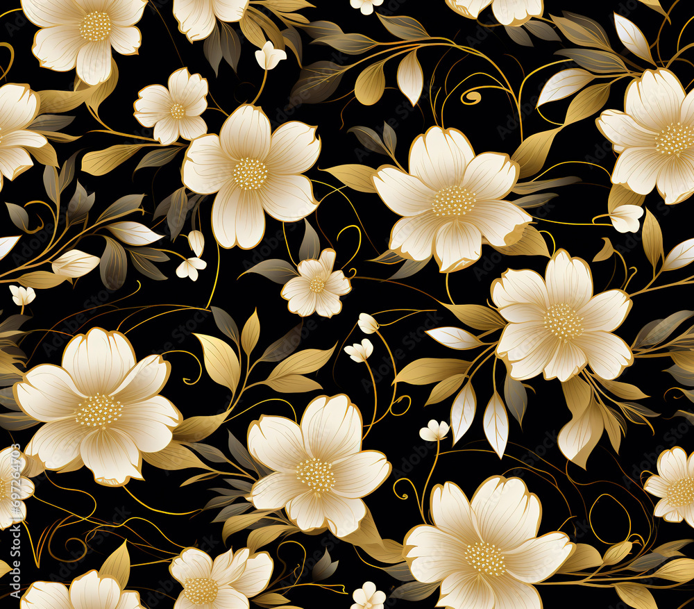 Seamless pattern with gold flowers on black background Seamless pattern with gold flowers on black background