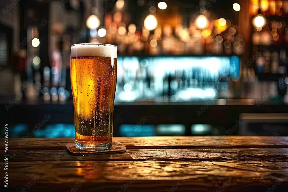 Cold and refreshing mug of beer takes center stage adorned with frothy layer of golden foam on wooden table. Ambient light adds warmth to setting creating cozy atmosphere in pub Cold and refreshing mug of beer takes center stage adorned with frothy layer of golden foam on wooden table. Ambient light adds warmth to setting creating cozy atmosphere in pub