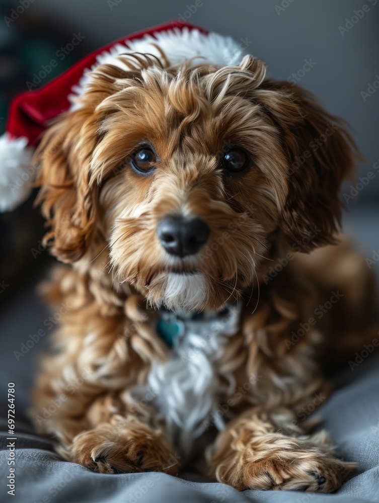 Kleiner Cockapoo Hund trägt die Mütze eines Weihnachtsmanns