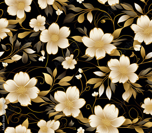 Seamless pattern with gold flowers on black background