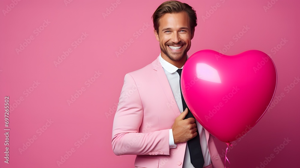 Charming Gentleman with Heart-Shaped Balloon on Pink Background