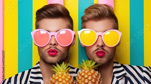 abstract composition of fruits and couple of gays in sunglasses on a bright yellow background photo