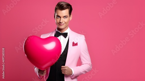 Charming Gentleman with Heart-Shaped Balloon on Pink Background © Rax Qiu