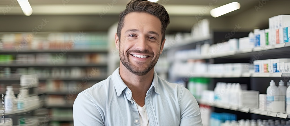 Smiling Caucasian man at drugstore, looking relaxed with confident smile.