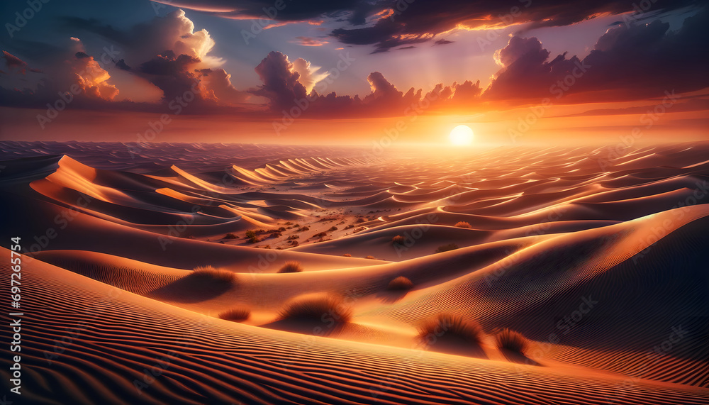 custom made wallpaper toronto digitalPhotorealistic desert landscape at sunset, with rolling sand dunes, intricate patterns, scattered desert plants, and a sky in hues of orange, pink, and purple