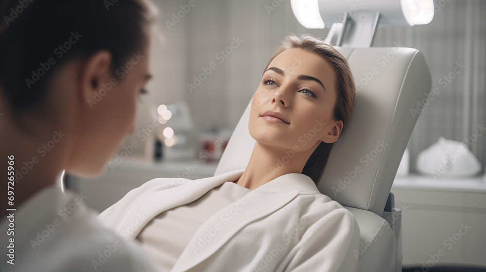 A meticulous scene where a beautician, working with precision, prepares a female client for photo rejuvenation procedures A meticulous scene where a beautician, working with precision, prepares a female client for photo rejuvenation procedures
