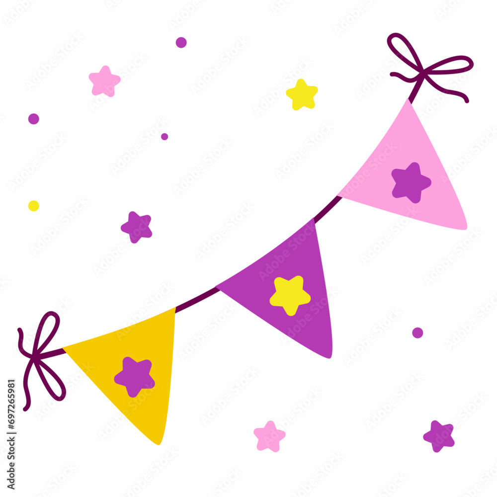 Pink Festive flag garland vector illustration in simple flat style, isolated on white background. Carnival, birthday decoration.