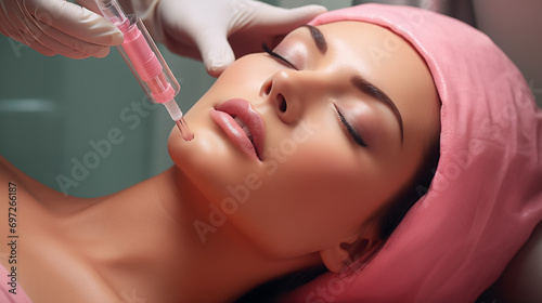  a beauty salon, a skilled professional performs a lip augmentation procedure with hyaluronic acid photo
