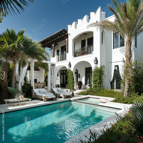 A beautiful and award-winning two story all, white stucco home like in Alys Beach in Florida decorated for Christmas and with a flat roof and large windows