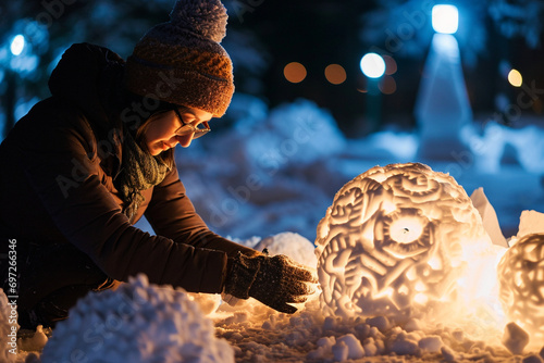 individuals creating snow sculptures or winter art installations, presenting a cinematic and creative scene.