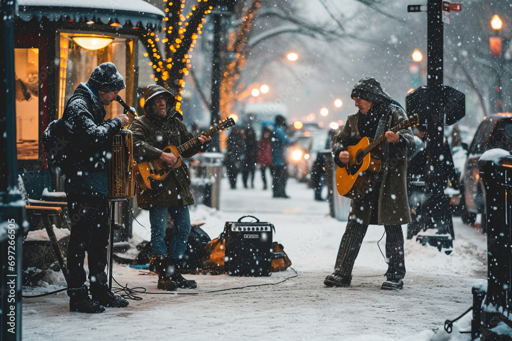 unique charm of street performers entertaining passersby in a snowy morning, creating a cinematic and lively scene.