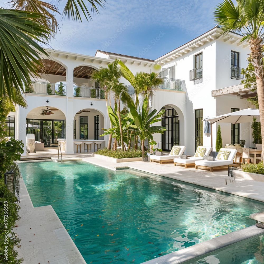 A beautiful and award-winning two story all, white stucco home like in Alys Beach in Florida decorated for Christmas and with a flat roof and large windows