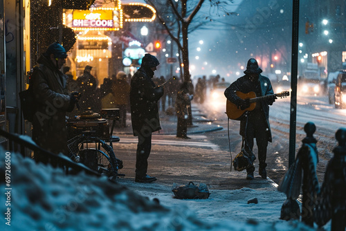 unique charm of street performers entertaining passersby in a snowy morning, creating a cinematic and lively scene. photo