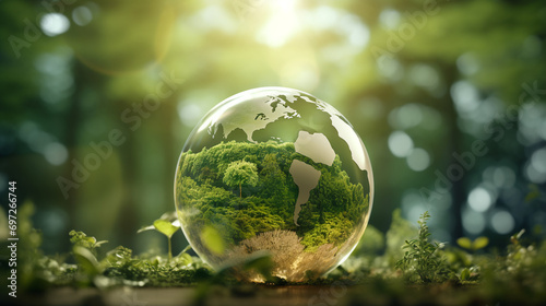 a transparent glass ball in a green forest in which the green planet Earth is reflected photo