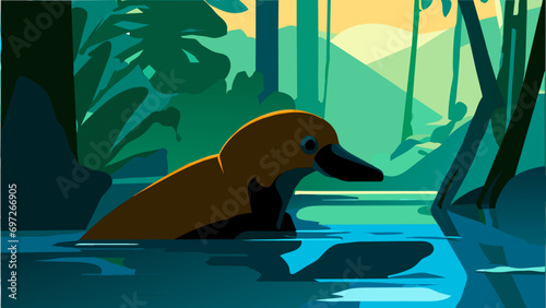 A curious platypus in the water. vektor icon illustation photo