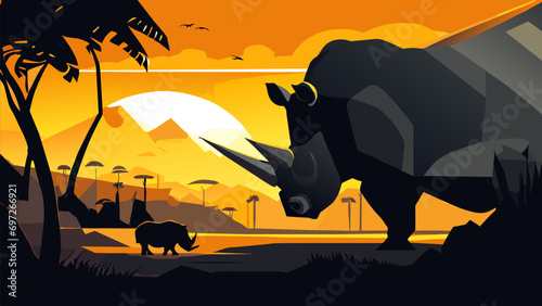 Stoic rhinoceros in the savannah. vektor icon illustation