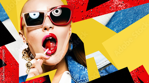 Composition of women in sunglasses with red lollipop