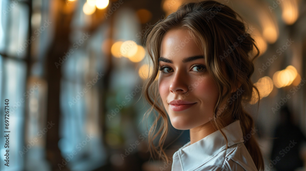 Bella donna sorridente in un locale moderno con luci sfocate sullo sfondo Bella donna sorridente in un locale moderno con luci sfocate sullo sfondo