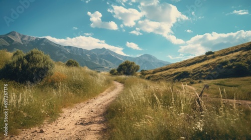 A scenic view of a dirt road winding through a grassy field with majestic mountains in the background. Perfect for outdoor and nature-themed projects