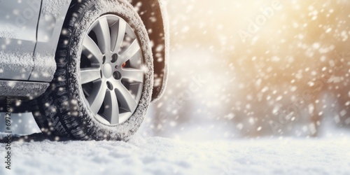 A detailed view of a car tire covered in snow. Suitable for winter-themed projects and automotive-related content