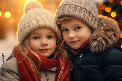 Two adorable little girls wearing winter clothes posing for a picture. Perfect for capturing the joy and innocence of childhood. Ideal for family portraits or winter-themed projects