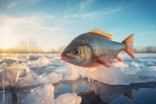 A fish sitting on a bed of ice. This image can be used to depict the concept of a frozen environment or the effects of climate change